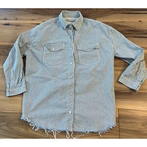 Mavi Livia Striped Turkish Denim Shirt Women M Snap Button Western Raw Hem Blue